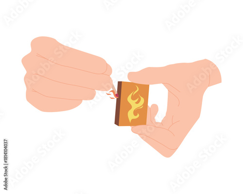 Two hands lighting a match from a matchbox on an isolated white background vector illustration