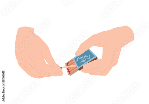 Two hands holding a match and matchbox on a white isolated background vector illustration