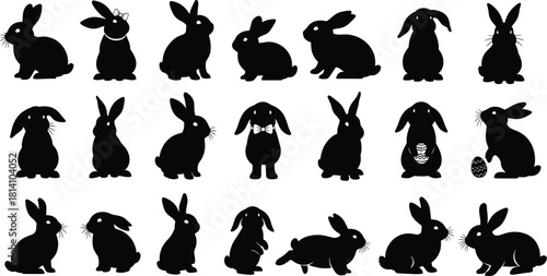 Set of cute Easter bunny silhouettes, including rabbits with bow ties, whiskers, and decorative eggs, perfect for holiday decoration vector illustration.