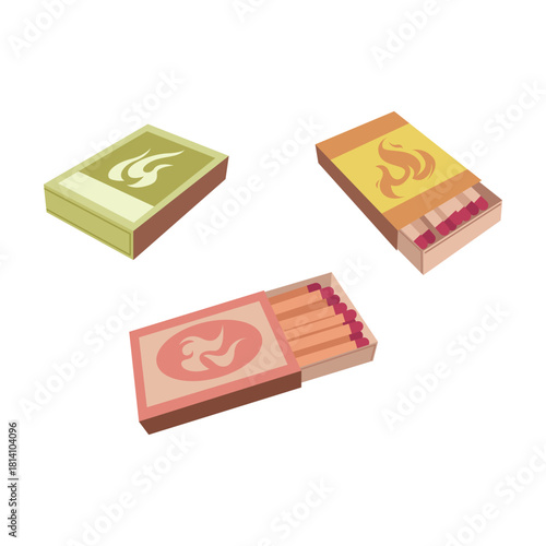 Three isolated matchboxes with matches and flame symbols on a white background vector illustration