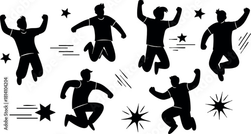 Silhouettes of jumping people with stars around energetic movement vector illustration