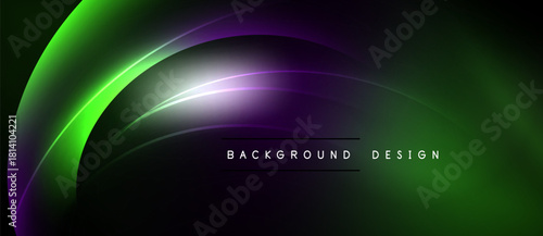 Abstract background features smooth curves, vibrant green, purple hues. Light streaks create dynamic visual effect. Text reads background design.