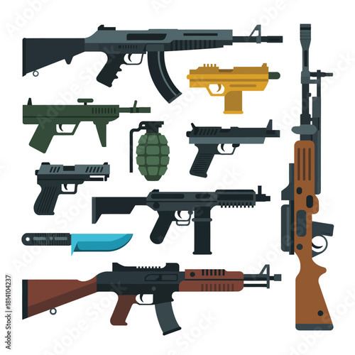 Collection of various firearms and weapons on a white background