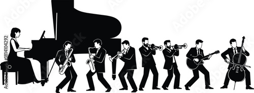 Elegant jazz band ensemble vector illustration silhouette, featuring musicians playing grand piano, saxophone, trumpet, guitar, and contrabass, perfect 