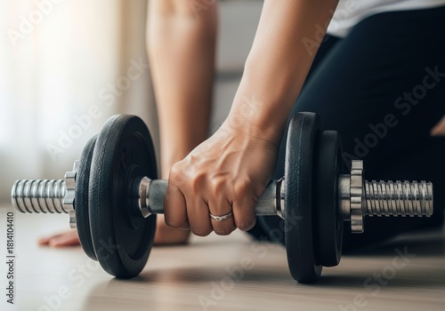 Cropped shot of a mature Asian woman's hands picking up a dumbbell during a home workout. Active senior fitness, body weight exercise, and healthy aging concept