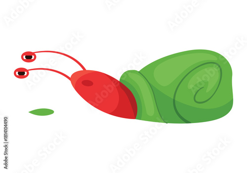 Bright red and green cartoon snail with big eyes isolated on white background vector illustration
