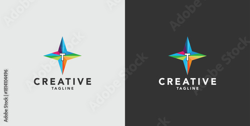 Digital colorful abstract icons, elements and symbols with initial T logo, template