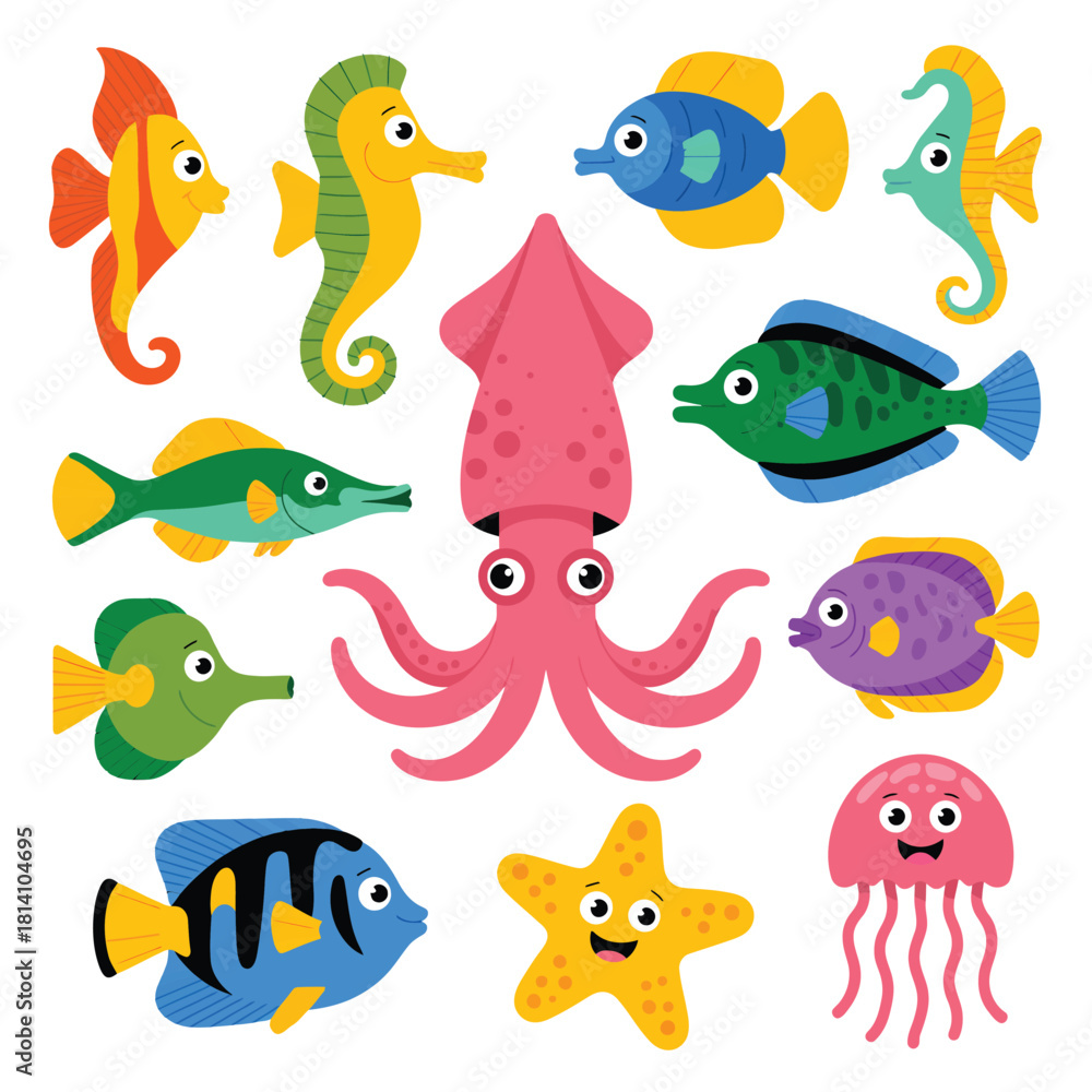 Fototapeta premium Collection of cute cartoon sea creatures and fish underwater