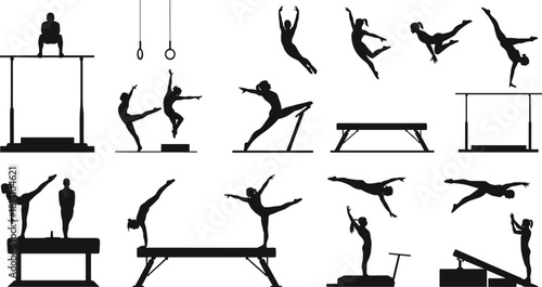 Set of female gymnast silhouettes performing on various apparatus, depicting sport, balance, flexibility, and artistic movements in a fitness competition vector illustration.