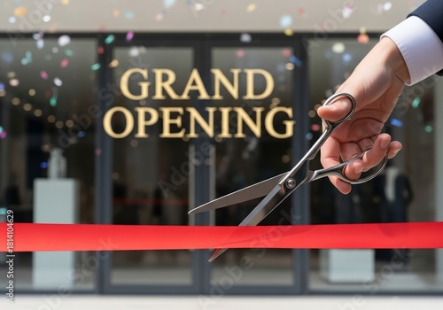 Cropped shot of a person's hand nervously cutting a red ribbon in front of a new storefront. Grand opening, new beginnings, and entrepreneurial risk concept