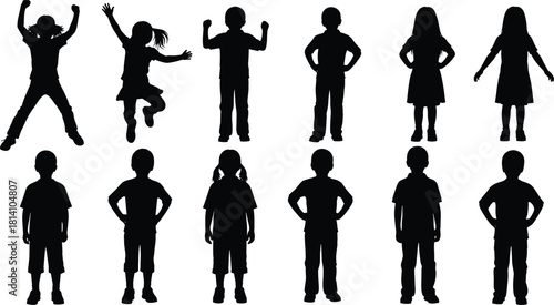 Set of happy children silhouettes in various poses, including jumping, standing, and playing kids, depicting childhood and growing up vector illustration graphics.