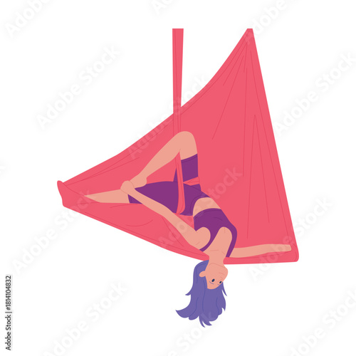 Young woman performing aerial yoga pose on pink hammock isolated on white background vector illustration