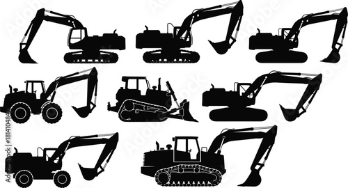 Set of heavy construction equipment silhouettes, including excavators, bulldozers, and wheel loaders, depicting essential earthmoving and building industry machinery vector illustration.