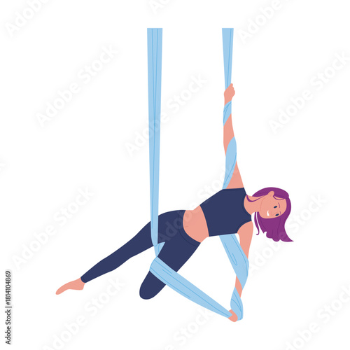 Young woman performing aerial yoga pose on isolated white background for fitness and wellness vector illustration