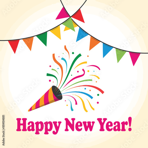 Happy new year celebration with confetti and colorful party popper