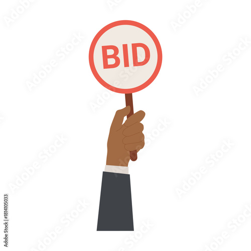Hand holding a bid sign at auction, isolated on white background for business and finance vector illustration