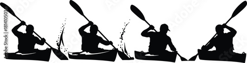 Set of kayakers silhouettes paddling with splashes of water, depicting men participating in kayaking water sport, outdoor adventure, and extreme river recreation vector.