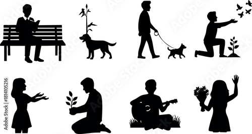 Silhouettes of people with dog and flowers in various outdoor activities vector illustration