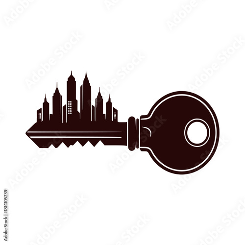 Modern graphic of a residential key integrated with an urban cityscape silhouette, representing property access, city opportunities, and secure real estate investments