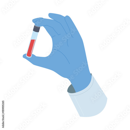 Medical gloved hand holding blood sample tube on white isolated background vector illustration