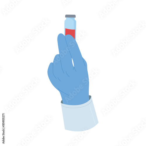 Medical gloved hand holding blood test tube isolated on white background vector illustration