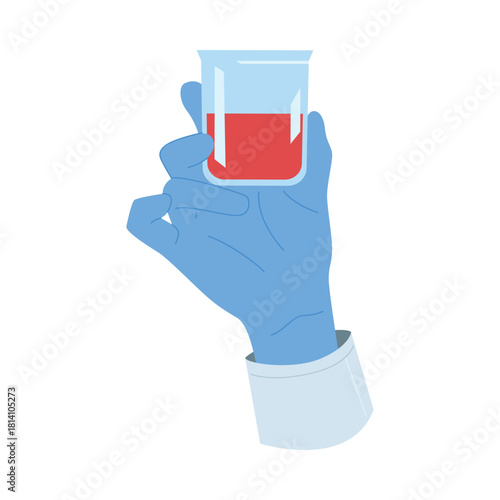 Isolated gloved hand holding a laboratory beaker with blood sample for medical analysis vector illustration