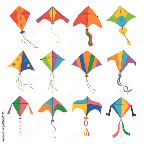 Collection of colorful geometric kites in various shapes and designs