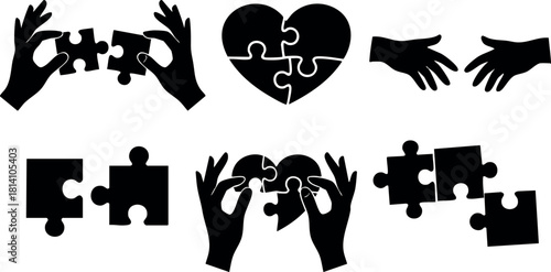 Puzzle pieces heart shape hands holding connection teamwork symbol vector illustration