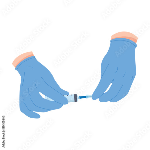 Two blue gloved hands preparing a syringe with needle on isolated white background vector illustration