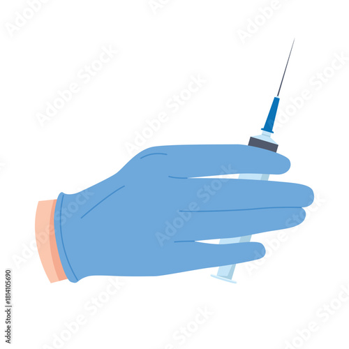 Blue gloved hand holding syringe for injection on white isolated background vector illustration