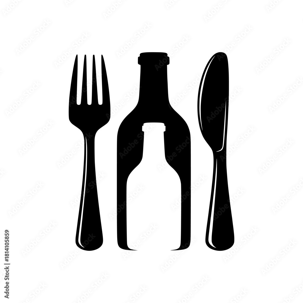 Fototapeta premium Elegant vector icon of a fork, knife, and wine bottle silhouette with a negative space design, perfect for fine dining and gourmet beverage branding