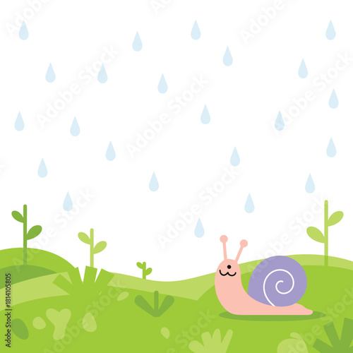 Cute cartoon snail with purple shell in a rainy green landscape
