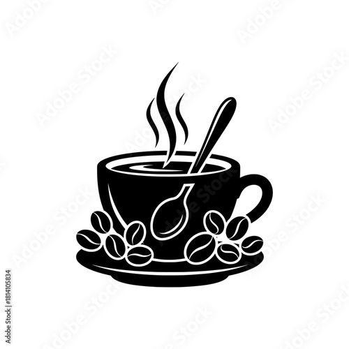Hot Coffee Cup with Steam and Coffee Beans on a Saucer with a Spoon - Black and White Vector Illustration