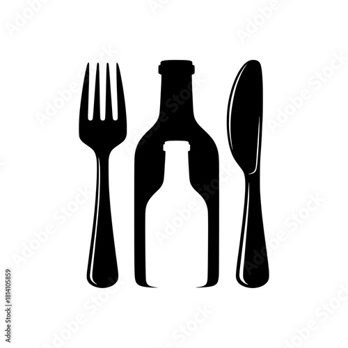 Elegant vector icon of a fork, knife, and wine bottle silhouette with a negative space design, perfect for fine dining and gourmet beverage branding