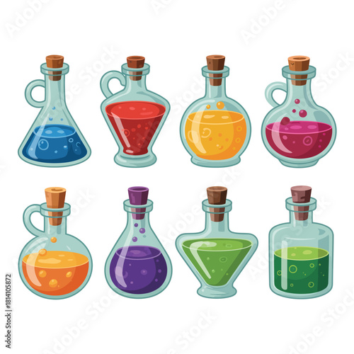 Collection of eight colorful glass potion bottles with cork stoppers