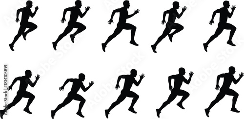 Set of Running and Sprinting Man Silhouettes, Vector Illustration of Male Athlete in Dynamic Motion Poses, Representing Speed, Sport, and Fitness