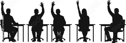 Set of students or audience silhouettes raising hands while sitting at desks, depicting participation, voting, asking questions, and engagement in educational settings vector.