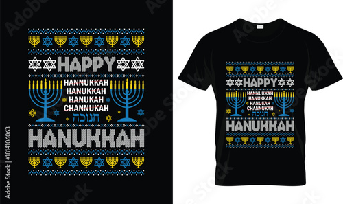 Happy Hanukkah Ugly Sweater T-Shirt – Funny Menorah Jewish Holiday Tee