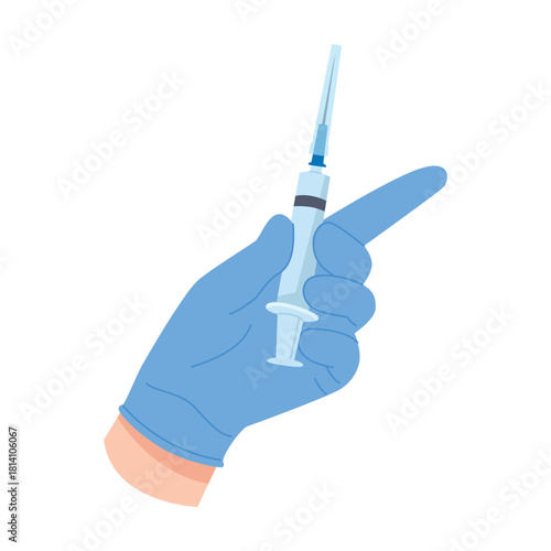 Blue gloved hand holding syringe for injection on white isolated background vector illustration