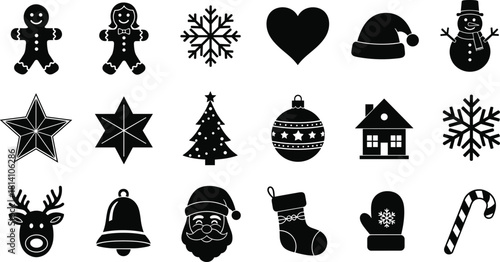 Set of traditional Christmas and holiday icon silhouettes, including Santa Claus, reindeer, snowflakes, gingerbread men, and festive decorations vector graphics.