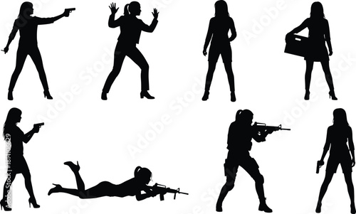 Female Action Agent Silhouette Vector Set, Woman with Gun and Dynamic Poses, Black Spy Graphic for Thriller, Security, Crime, Military, and Special Operations Design