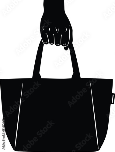 Silhouette of a hand holding a reusable blank shopping tote bag with handles, black vector illustration for advertising, mockups, or eco-friendly fashion concepts.