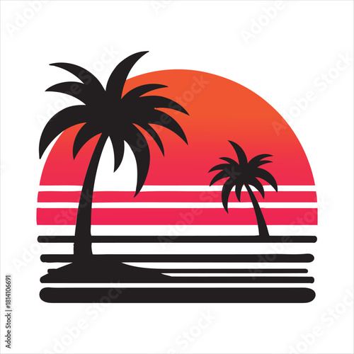 Retro sunset tropical vector silhouette clip art logo design concept illustration