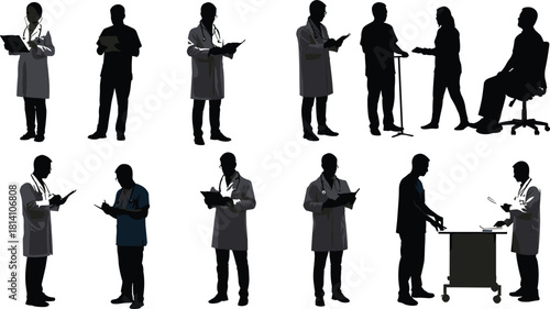 Silhouettes of doctors and medical staff working, vector illustration depicting healthcare professionals with stethoscopes, clipboards, and consultation poses.