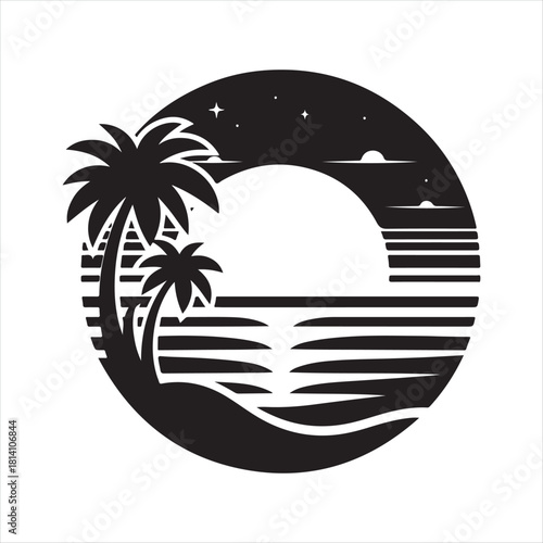 Retro sunset tropical vector silhouette clip art logo design concept illustration