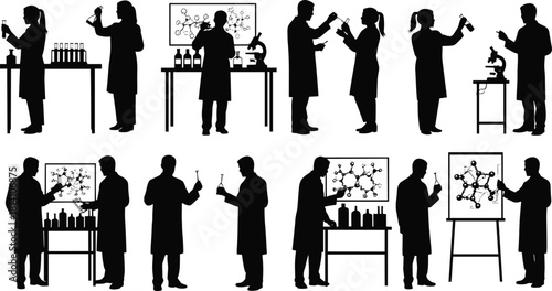 Silhouettes of diverse scientists and chemists working in a laboratory, vector set showing research, experiments, microscopic analysis, and chemical formulas.