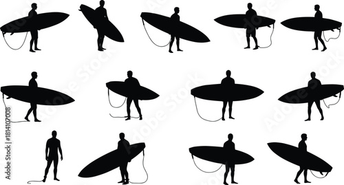 Silhouettes of surfers holding surfboards and leashes, vector set depicting water sport, ocean activity, beach culture, and dynamic summer recreation.