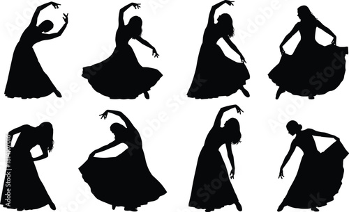 Female Dancer Silhouette Vector Set, Dynamic Poses of Woman Performing Traditional, Spanish, or Gypsy Dance, Elegant Graphic for Culture, Performance, and Event Design