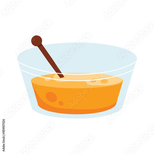 Glass bowl filled with honey and wooden dipper tool on white isolated background vector illustration