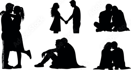 Silhouettes of romantic couples in various poses holding hands sitting and hugging vector illustration